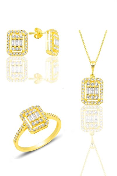 Söğütlü Silver Gümüş Altın Yaldızlı Gümüş Baget Taşlı Üçlü Set Sgtl10480