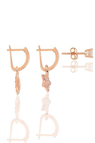 Söğütlü Silver Gümüş Rose Zirkon Taşlı Yıldız, Güneş Ve Tektaşlı Kombin Küpe Sgtl12106rose