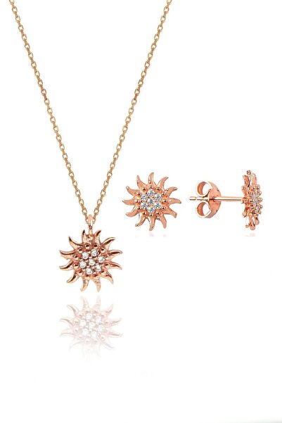 Söğütlü Silver Gümüş rose zirkon taşlı güneş kolye ve küpe gümüş ikili set