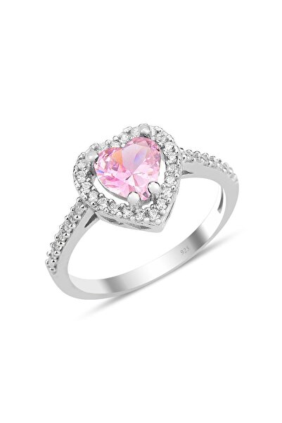 Söğütlü Silver Gümüş Rodyumlu Pembe Taşlı Pırlanta Montürlü Kalp Modeli Yüzük Sgtl12081
