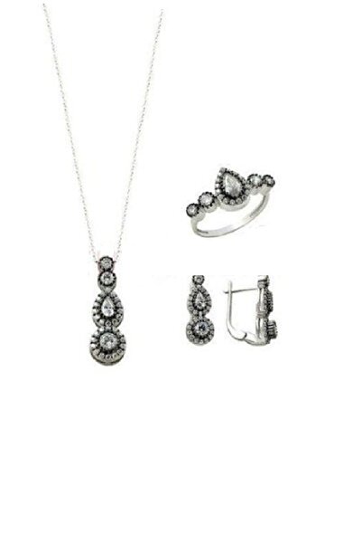 Söğütlü Silver Kadın Rodyumlu Zirkon Taşlı Elmas Montürlü Tria Damla Modeli Ü...