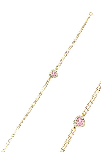 Söğütlü Silver Gümüş Altın Yaldızlı Pırlanta Modeli Pembe Zirkon Taşlı Kalp B...