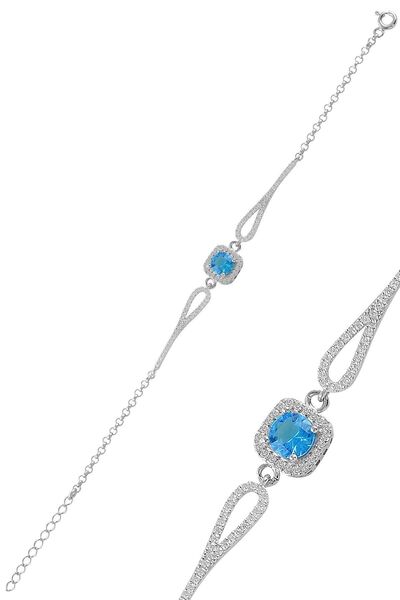 Söğütlü Silver Gümüş Rodyumlu Pırlanta Modeli Akuamarin Zirkon Taşlı Kare Bil...