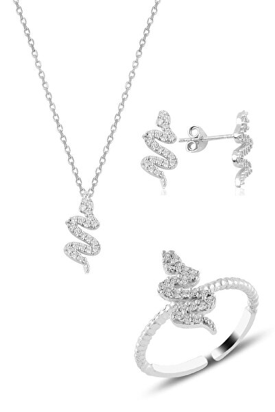 Söğütlü Silver Gümüş Rodyumlu Yılan Kolye Küpe Ve Yüzük Seti