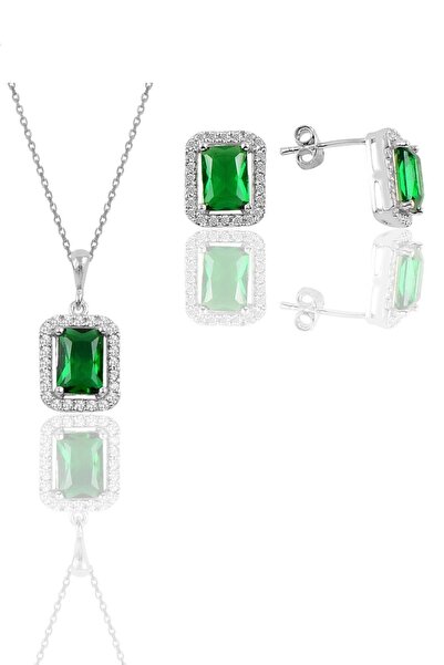 Söğütlü Silver Gümüş Rodyumlu Kök Zümrüt Taşlı Baget Kesim Ikili Set Sgtl1156...
