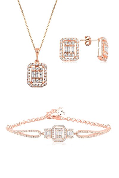 Söğütlü Silver Gümüş Rose Baget Taşlı Kolye Küpe Ve Bilezik Gümüş Set Sgtl105...