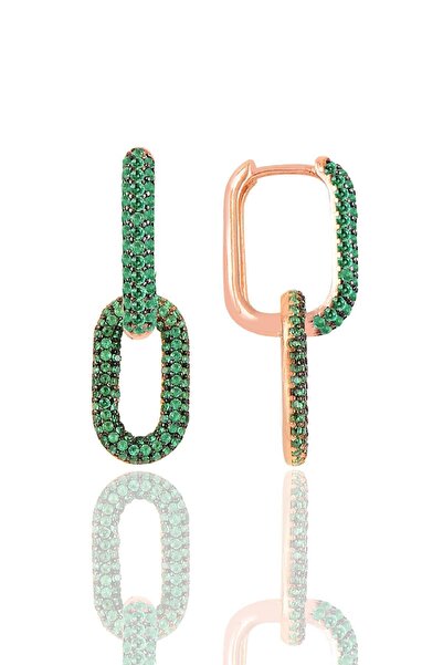 Söğütlü Silver Gümüş rose yeşil taşlı sallantılı trend küpe SGTL12113YESIL