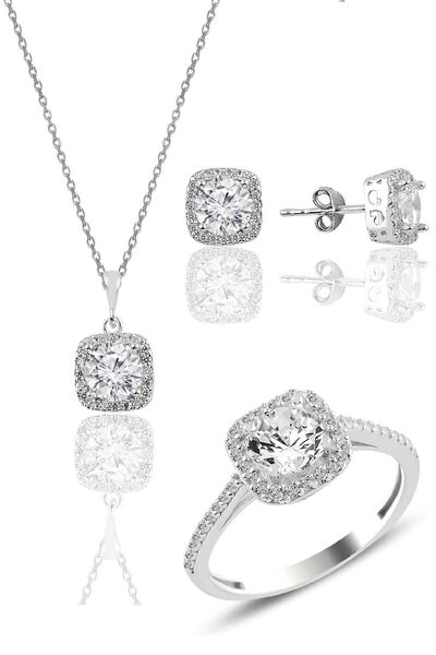 Söğütlü Silver Gümüş Rodyumlu Zirkon Taşlı Kare Üçlü Set Sgtl10762