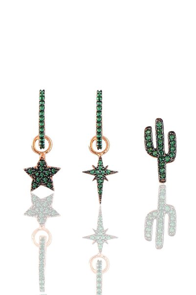 Söğütlü Silver Gümüş Rose Yeşil Taşlı Kaktüs,kutup Yıldızı Ve Yıldız Kombin Üçlü Küpe Seti Sgtl11781rose