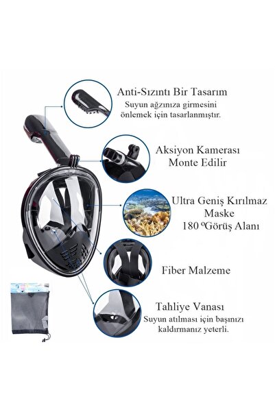 Reidan Lxl Beden Siyah Dalış Maskesi Tam Yüz Full Face Şnorkel Anti Sızıntı Ekipmanları 360 Görüntü Slikon