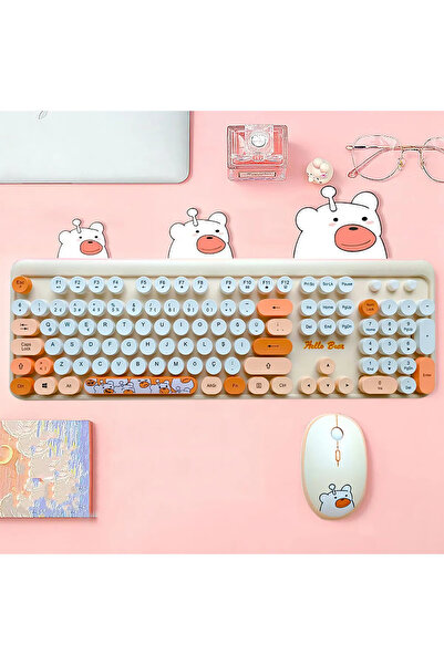 Mofii Sevimli Ayıcık Desenli Kablosuz Klavye & Mouse Set - Türkçe, Renkli ve  Yuvarlak Tuşlar !