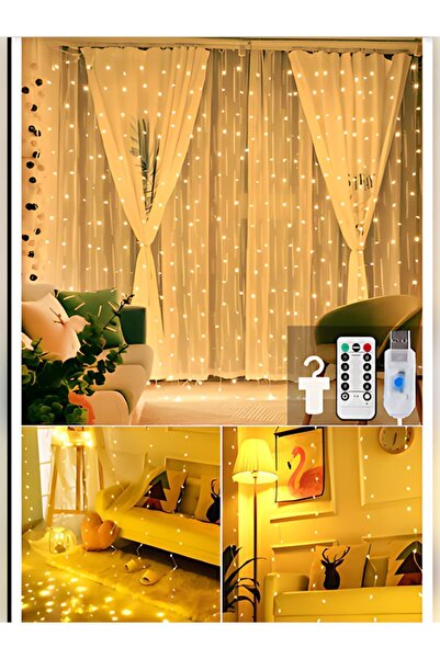 rkm store Dekoratif Perde Led 3x3 Gün Işığı Peri Led 300 Ledli 3mx3m Kumandalı 8 Modlu Usb'li Süsleme Ledi