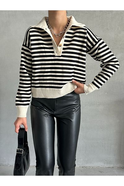 BEJNA Ecrufarbener gestreifter Strickpullover mit Polokragen für Damen