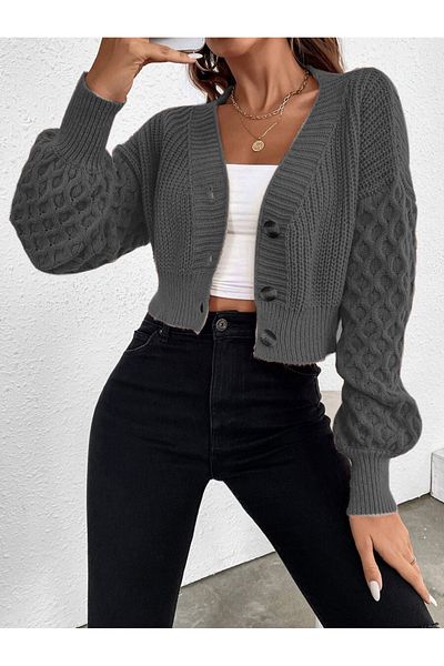 TRQOM Anthracite Patterned V-Neck Crop Knitwear Cardigan