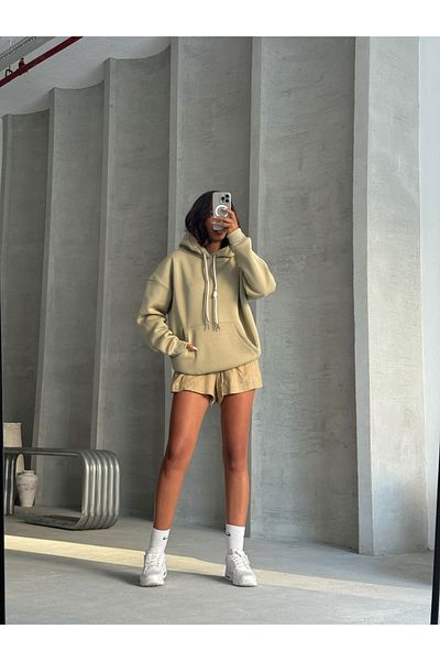 Cappmoda SWT-14263 Φούτερ με κουκούλα χακί με διπλό κορδόνι με τρεις κλωστές