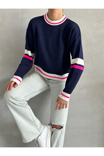 BEJNA Marineblauer Strickpullover für Damen – Paspeldetail