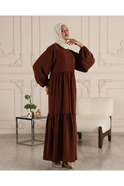 fistan Μπροστινό φερμουάρ ΔΥΟ στρώσεις βολάν Λεπτομέρεια Aerobin Hijab Φόρεμα προσευχής Φόρεμα μητέρας