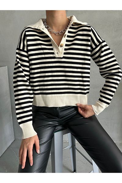 BEJNA Ecrufarbener gestreifter Strickpullover mit Polokragen für Damen