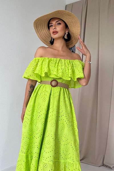 Seda Yalçın Atelier Pistachio Green Madonna Collar and Belt Detailed Scallop Dress