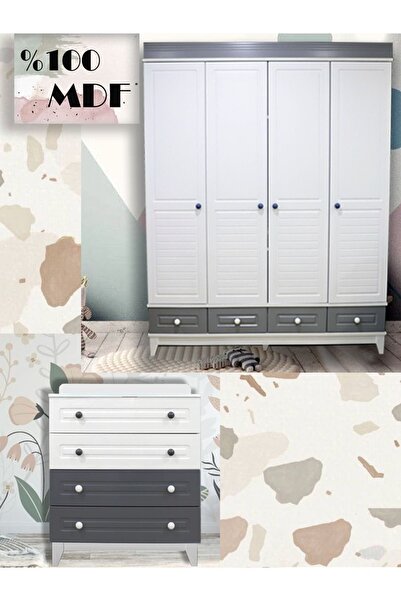 Koza %100 MDF Stella Gri 4 Kapılı Dolap & Stella Gri 4 Çekmeceli Şİfonyer