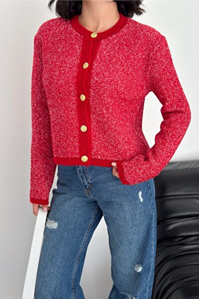FEMELLE Piros arany gombos kötöttáru női kardigán - Standard méret