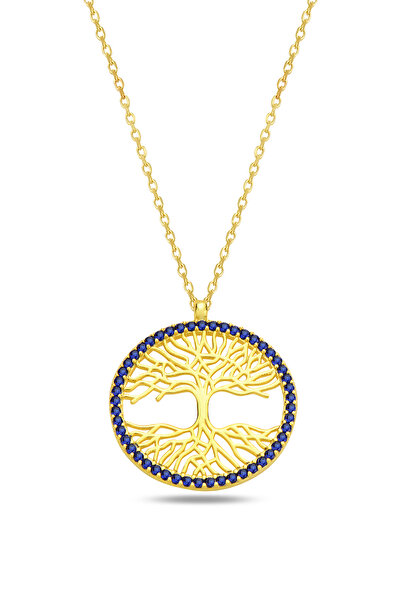 KAR DİAMOND 14 Ayar Altın Zincirli Mavi Taşlı Hayat Ağacı Kolye - Sertifikalı Işıklı Kutuda