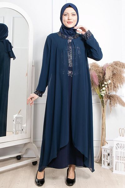 SUBU TASARIM Navy Blue Sequin Sequin Evening Dress - Tbs2305