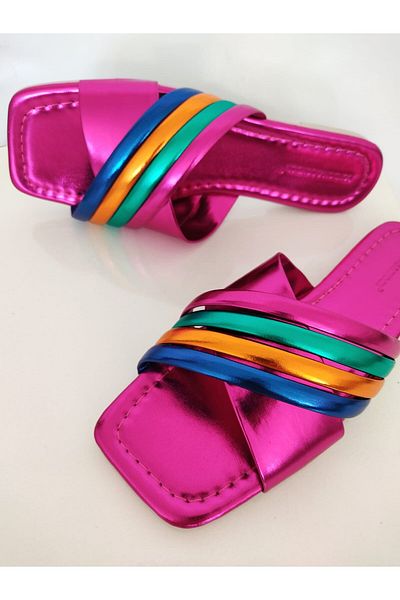 L&L Blunt Toe Heelless Cross Daily Patent Leather Women's Slippers