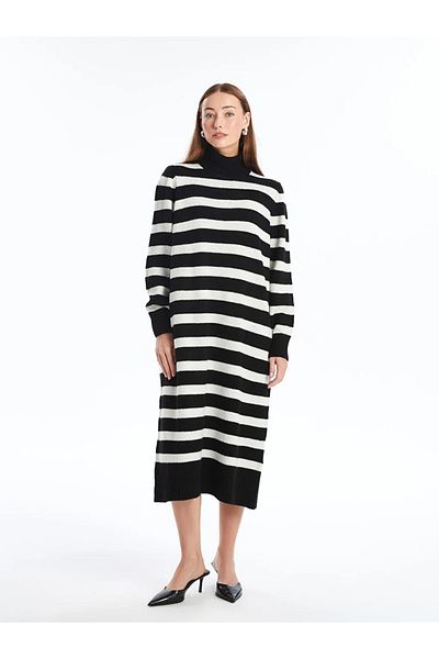 LC Waikiki LCWAIKIKI Schwarz gestreiftes Oversize-Strickkleid – Rollkragen, lange Ärmel