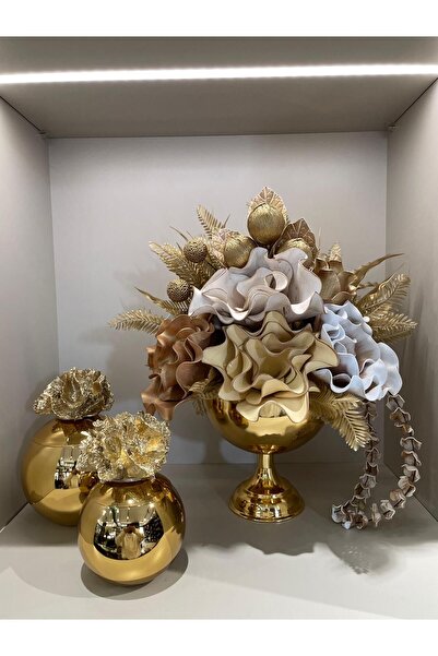 TASARIMHMODA Yapay Çiçekli Gold Yuvarlak Vazo 3 Parça Set No:1