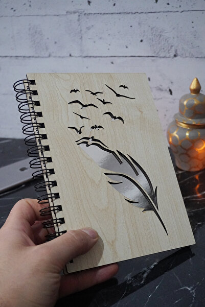markcat Wooden Covered Lined Notebook - Bird Feather Themed Agenda and School Notebook (A5 - 120 Pages)