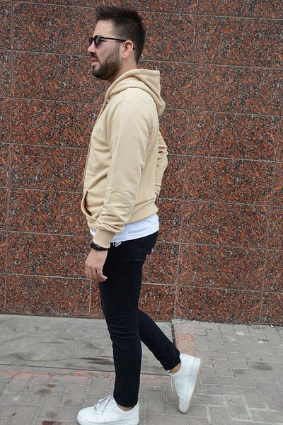 HUMEN Men's Cream Long Sleeve Hooded Top Kangaroo Pocket Sweatshirt