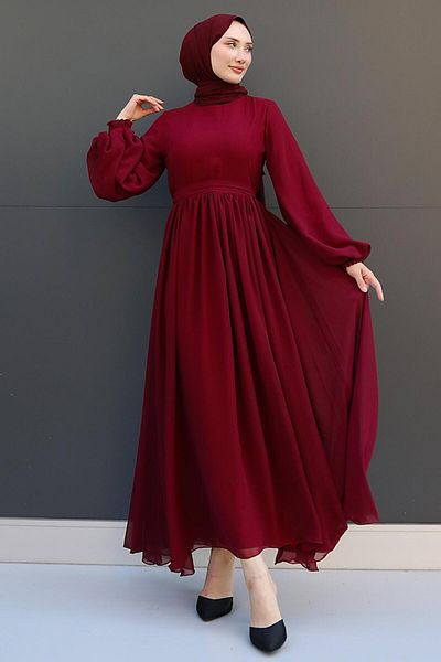 GİZ AGİYİM Burgundy Nare Hijab Chiffon Dress