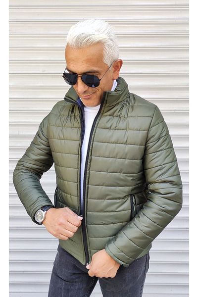 ARTMEN Khaki Green Slim Fit Jacket with Inflatable Horizontal Stripes