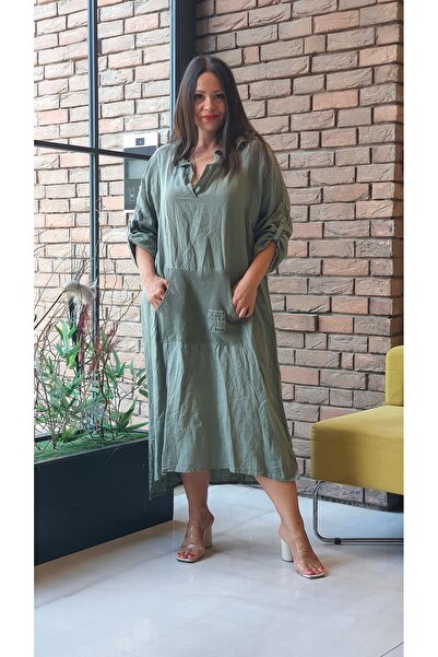 Park Moda İtalyan Kadın Elbise Kapüşonlu File Detaylı Keten Elbise
