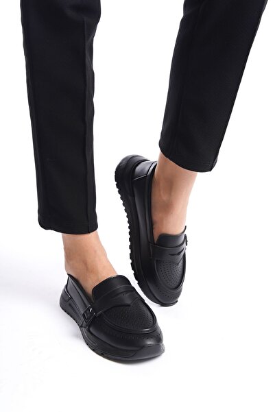 Limeo Ежедневни дамски обувки с мокасини с черна кожа, странична катарама, средна висока подметка