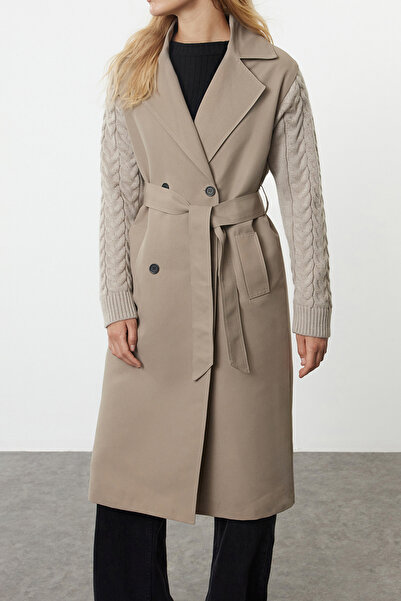 Trendyol Collection Regular Beige Long Trench Coat - Knitwear Detailed Sleeves Twoaw25Tr00009