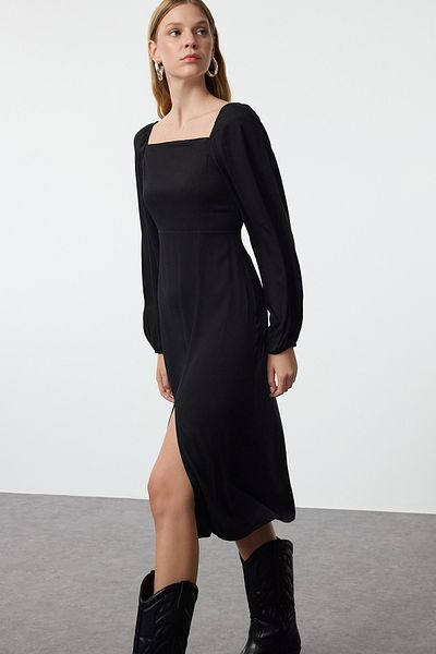 Trendyol Collection Midi šaty do A – černé, čtvercový límec a detail s balonovým rukávem, Belmando Fabric Woven Twoaw25el00243