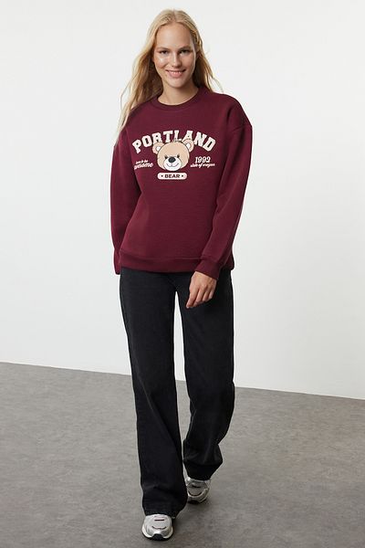 Trendyol Collection Bordeauxrotes bedrucktes Oversize-Sweatshirt – Rundhalsausschnitt, dick gestrickt TWOAW25sw00017