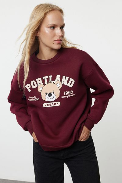 Trendyol Collection Bordeauxrotes bedrucktes Oversize-Sweatshirt – Rundhalsausschnitt, dick gestrickt TWOAW25sw00017