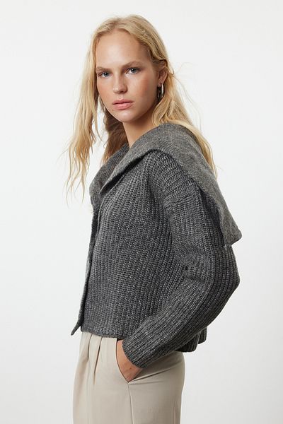 Trendyol Collection Turndown Collar Soft Knitwear Cardigan - Anthracite Premium Yarn Twoaw24Hi00060