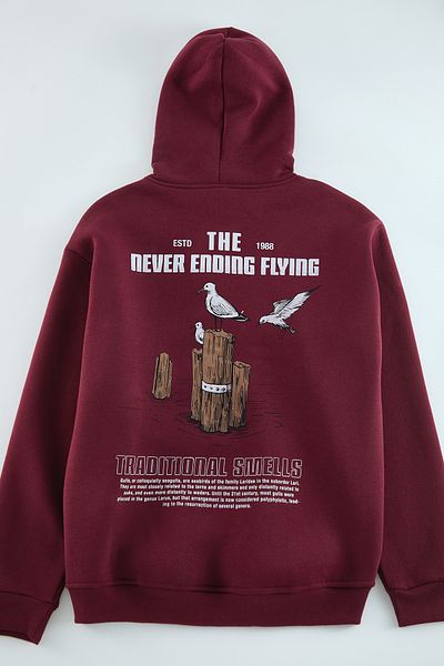 Trendyol Collection Bedrucktes, weinrotes, übergroßes Kapuzen-Sweatshirt aus Fleece-Baumwolle - TMNAW24sw00136