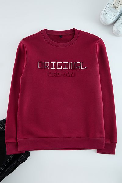 Trendyol Collection Slim-Fit-Sweatshirt aus bordeauxrotem Fleece – flauschig bedruckt TMNAW25SW00150