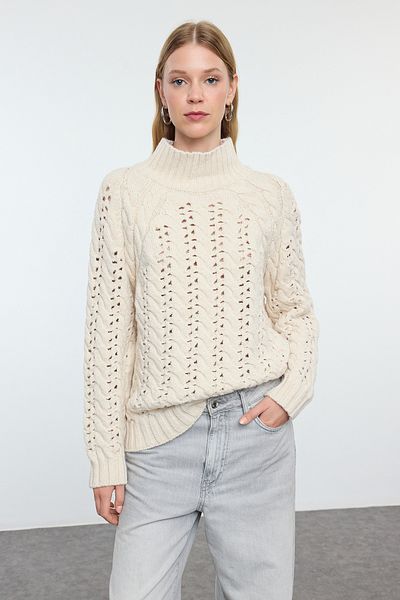 Trendyol Collection Wide Fit - Pulover din tricotaje ajurate cu textura de piatră, guler vertical TWOAW25KZ00319