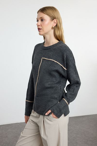 Trendyol Collection Crew Neck Anthracite Knitwear Sweater - Soft Texture and Color Block Twoaw25kz00318