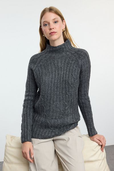 Trendyol Collection Anthracite Knit Detailed Soft Seamless Knitwear Sweater - Stand Collar Twoaw25Kz00049