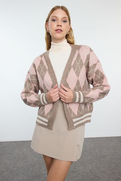 Trendyol Collection Diamond Patterned Mink Knitwear Cardigan - Soft Textured TWOAW23HI00596