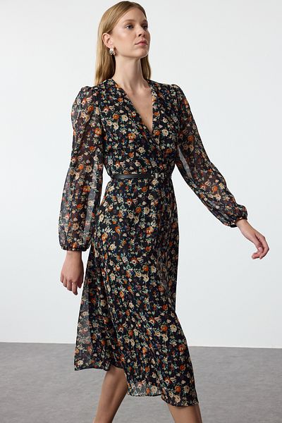 Trendyol Collection A-line Midi Chiffon Dress - Black Floral, BELt and Double Breasted Collar Print TWOAW24EL00660