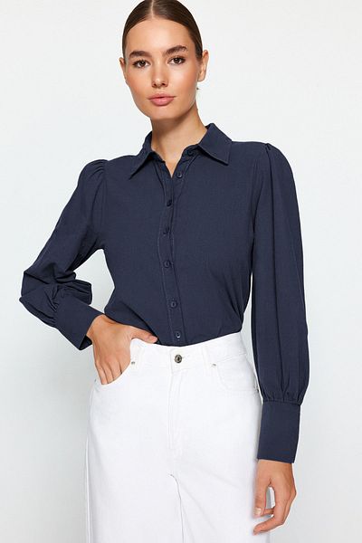 Trendyol Collection Balloon Sleeve sötét sötétkék pamut ing - TWOSS20GO0065