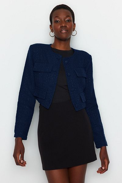 Trendyol Collection Námořnická modrá Tweed Crop Jacket - limitovaná edice TWOAW23CE00215